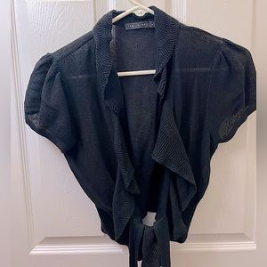 Soft Black Cropped Ruffle Short Sleeve Sweater / Shaw / Shrug w/ 3 Buttons & Tie